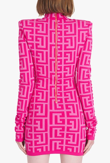 Rosa Jacquard Besticktes Hochkragen Enges Kleid