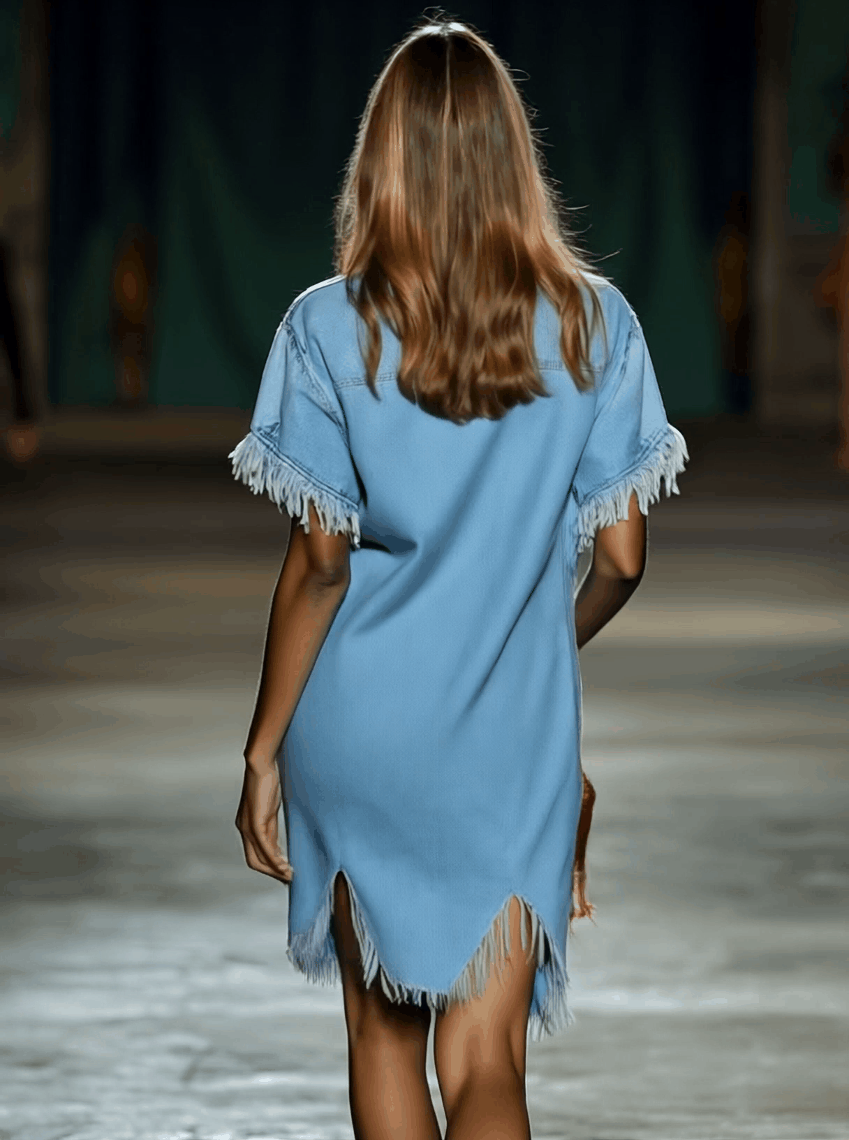 Lässiges lockeres vintage Denim Kurzarmhemd mit Fransen Mini Kleid