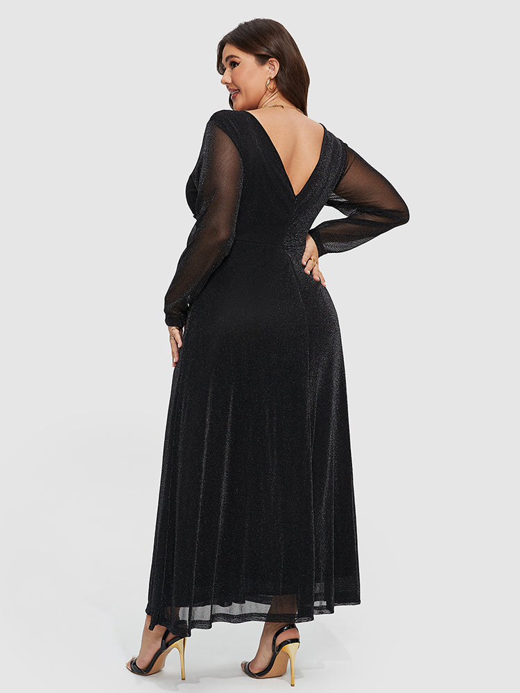 Kontrast-Mesh-Ärmeldress mit elastischem Bund und Glitter