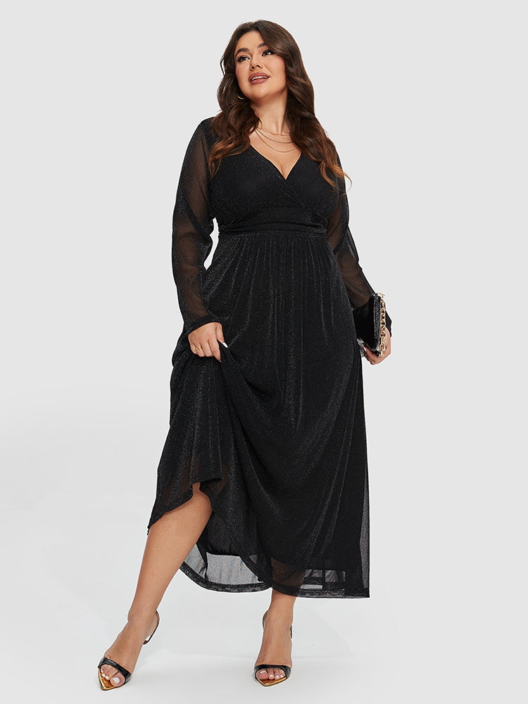 Kontrast-Mesh-Ärmeldress mit elastischem Bund und Glitter