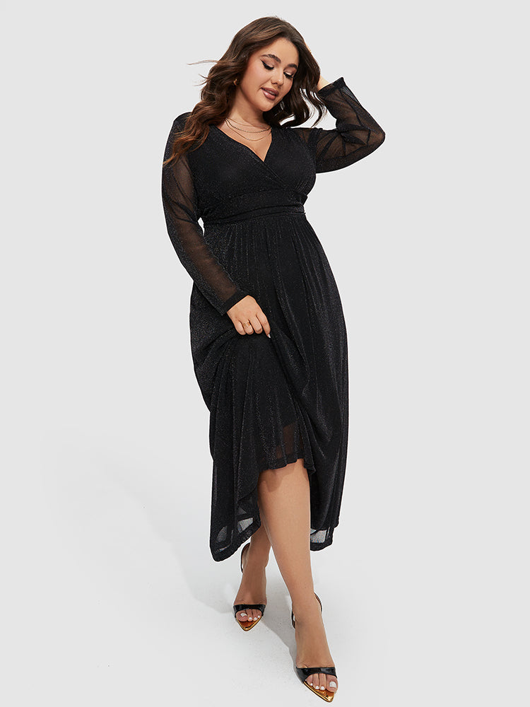 Kontrast-Mesh-Ärmeldress mit elastischem Bund und Glitter