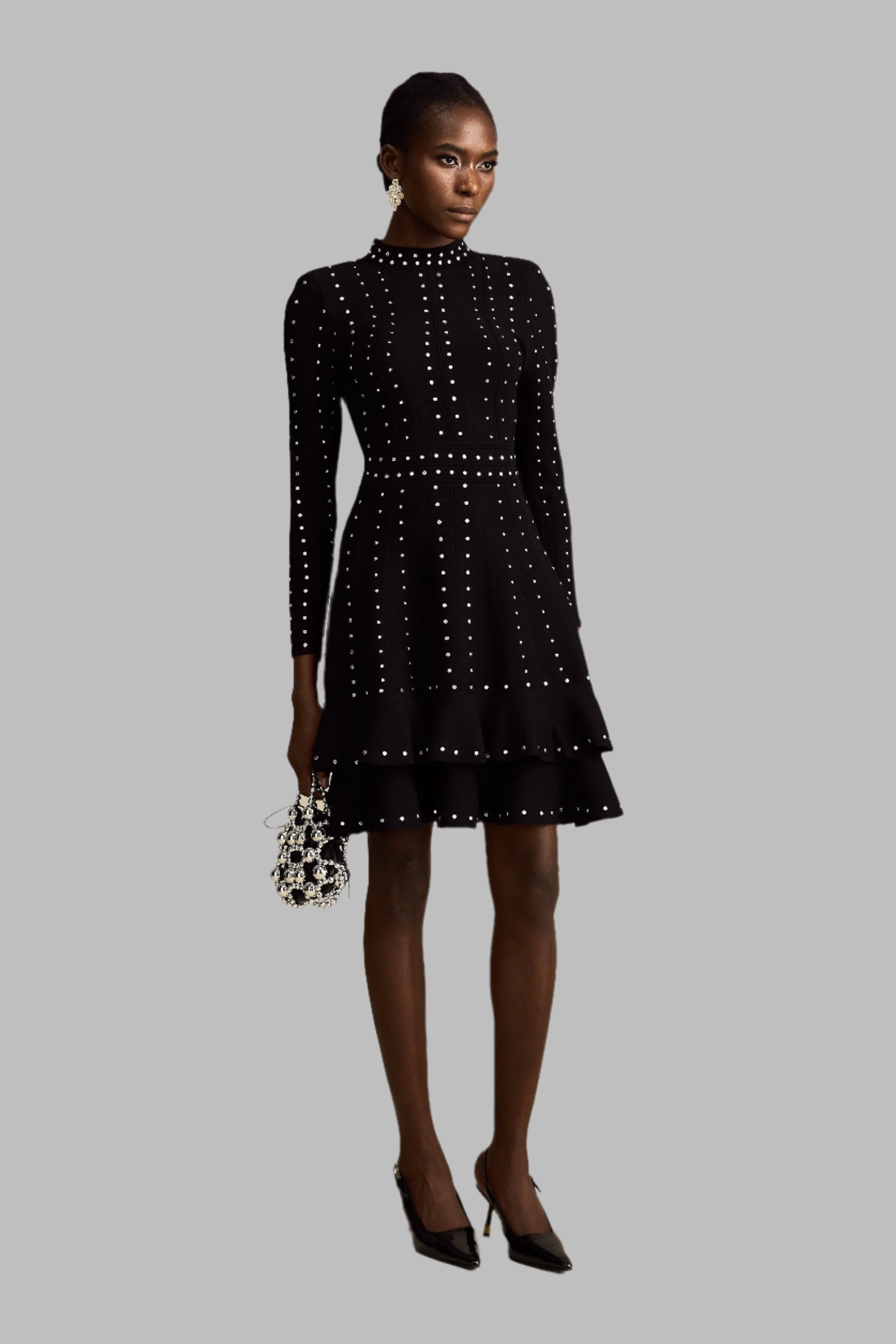 Fabienne -schwarzes, mit Kristallen verziertes, gerafftes Strick-Minikleid