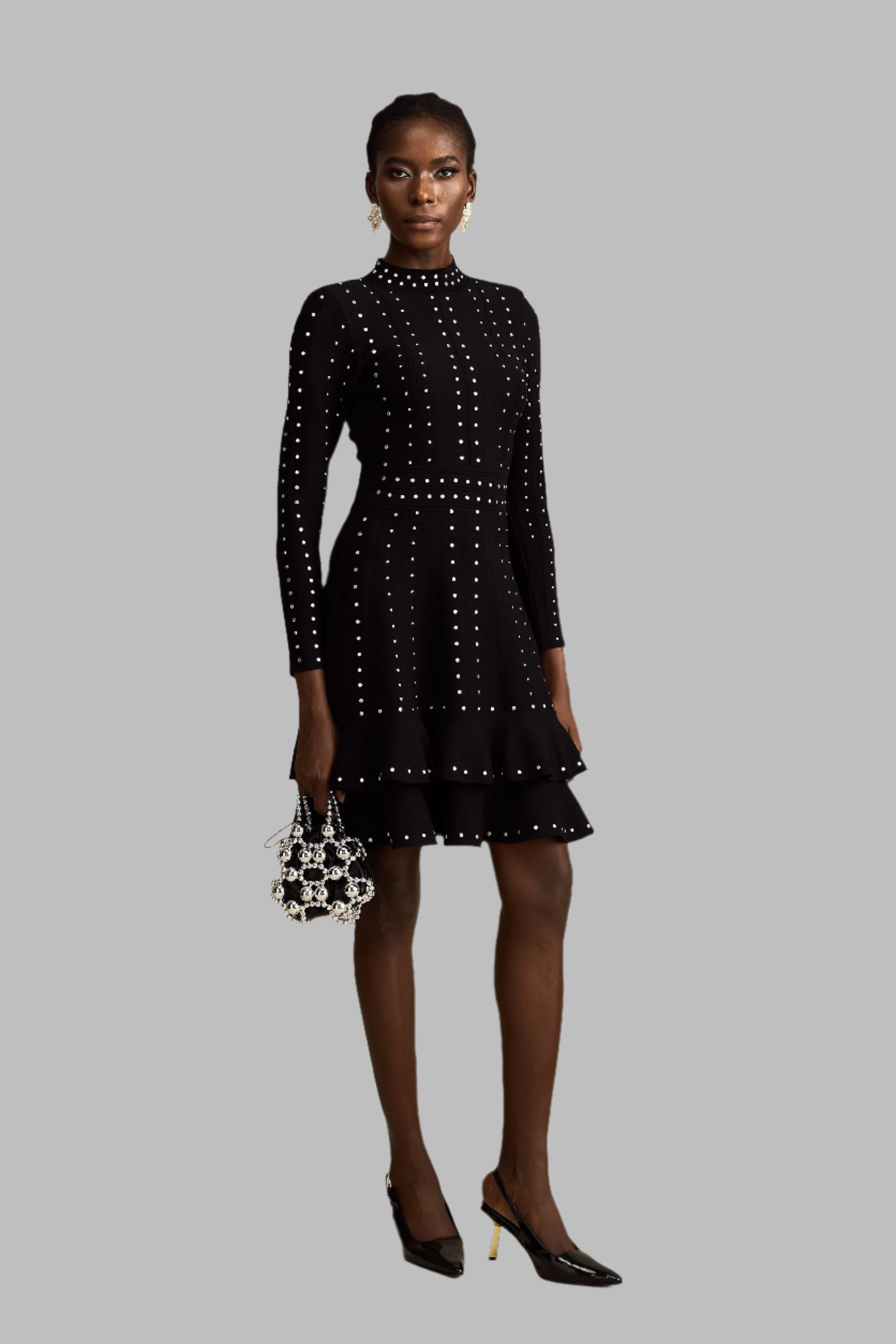Fabienne -schwarzes, mit Kristallen verziertes, gerafftes Strick-Minikleid