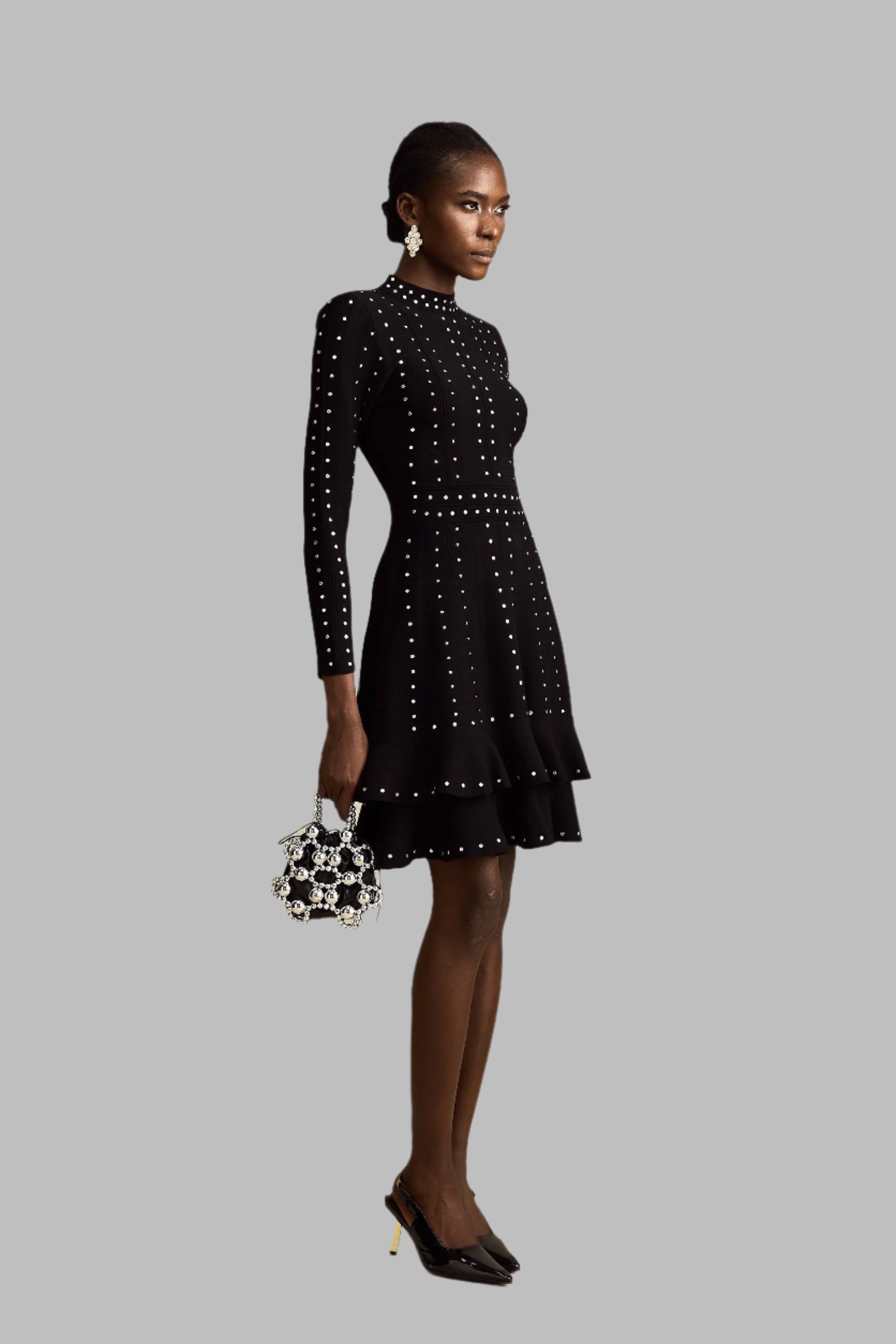 Fabienne -schwarzes, mit Kristallen verziertes, gerafftes Strick-Minikleid