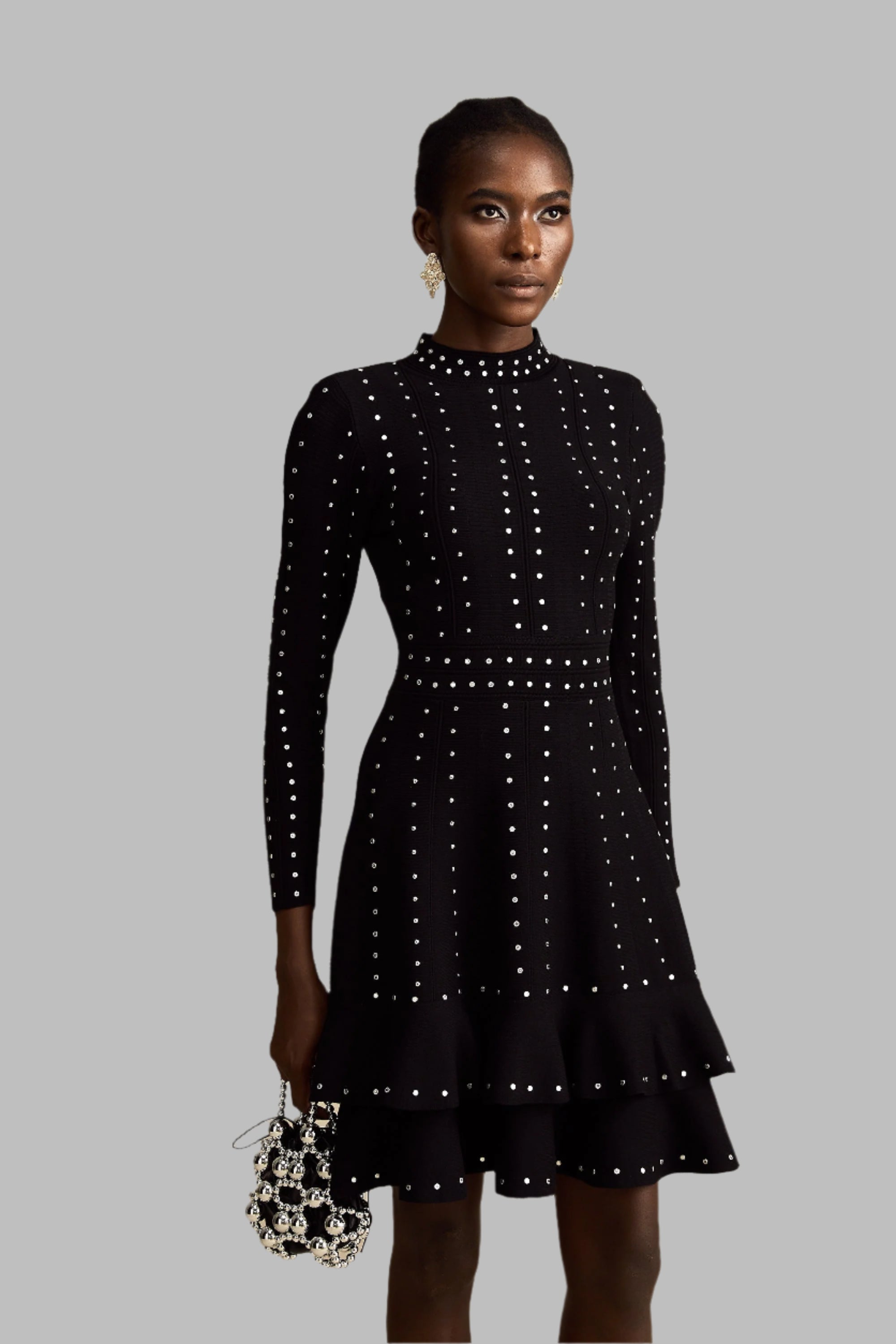 Fabienne -schwarzes, mit Kristallen verziertes, gerafftes Strick-Minikleid