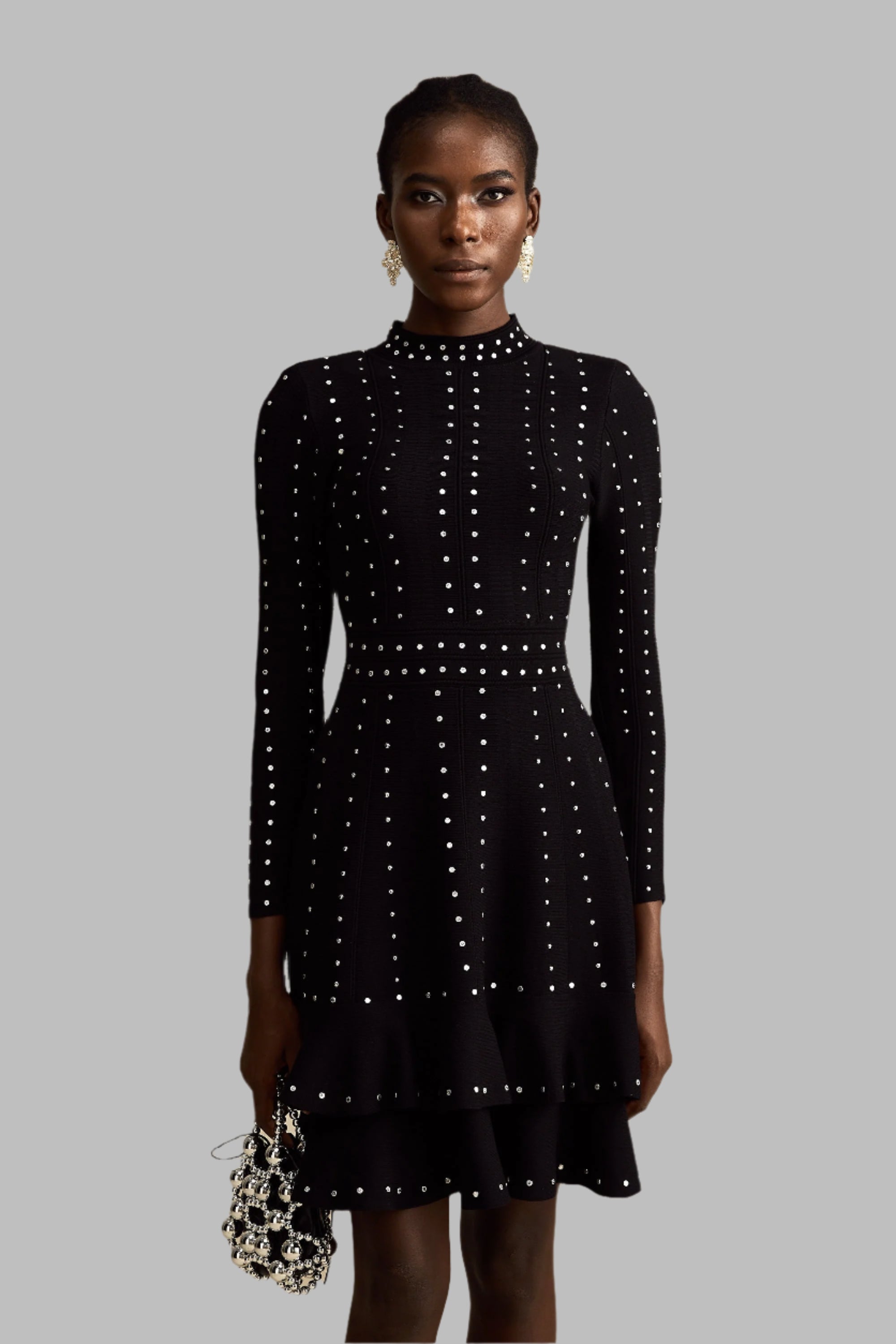 Fabienne -schwarzes, mit Kristallen verziertes, gerafftes Strick-Minikleid