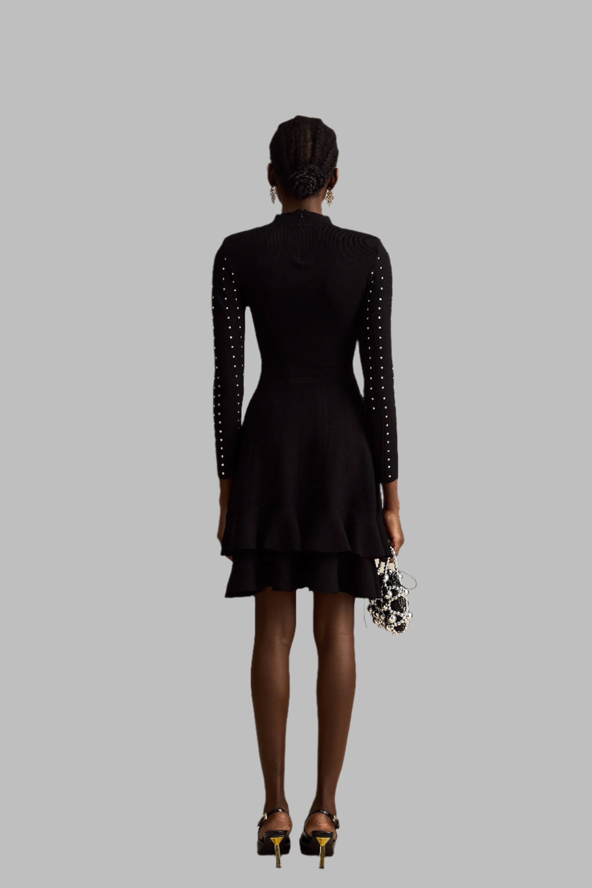 Fabienne -schwarzes, mit Kristallen verziertes, gerafftes Strick-Minikleid