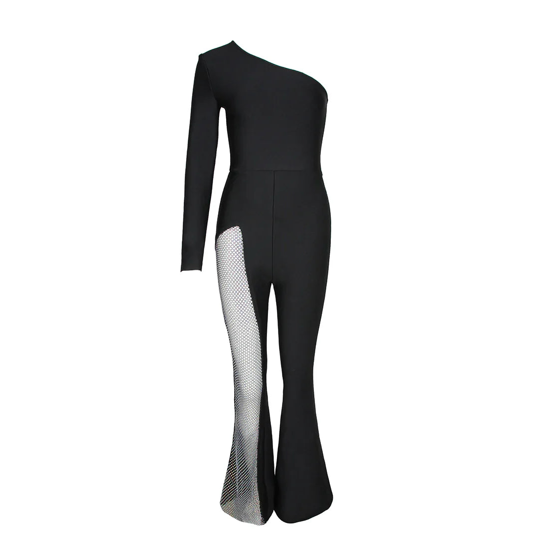 Schwarzer Ein-Schulter Asymmetrischer Strass-Bandagen-Jumpsuit