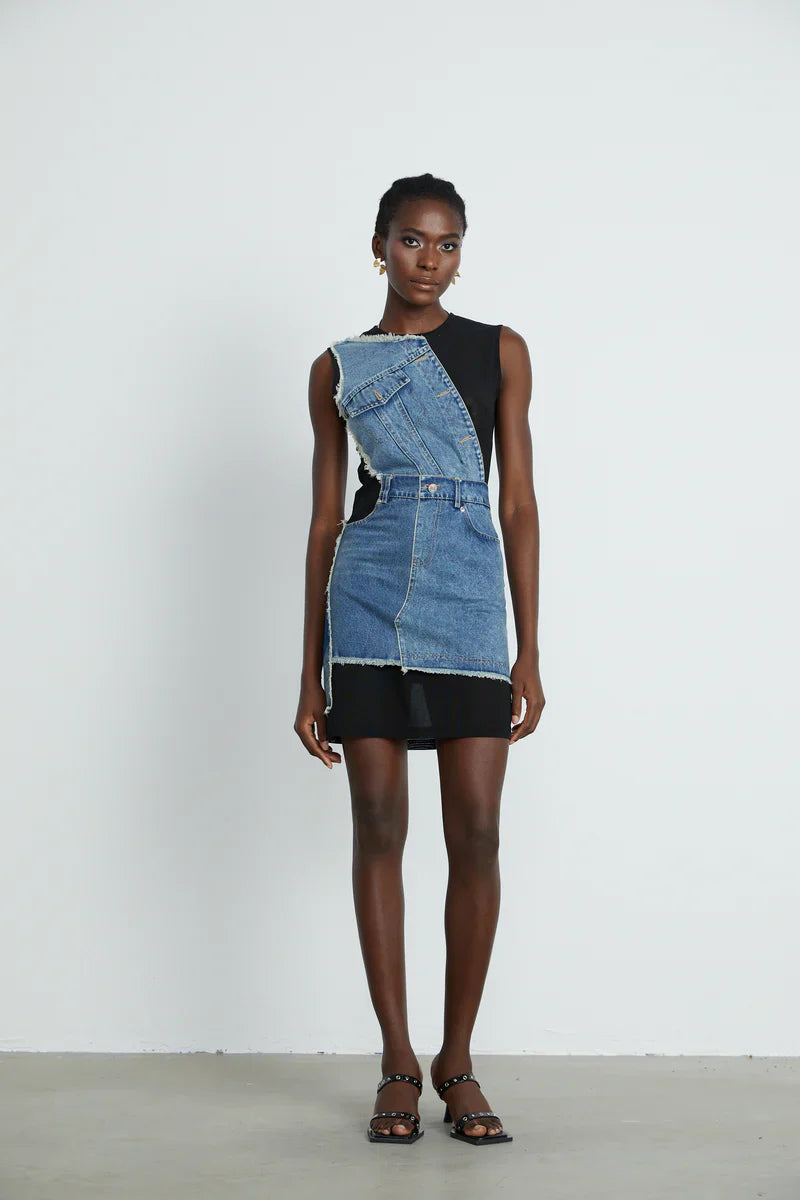 Lana- Denim Patchwork ärmelloses Kleid