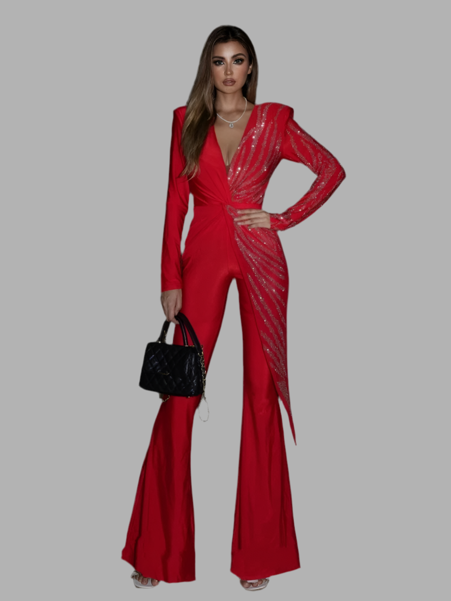 Clara- V-Ausschnitt funkelndes Diamanten-Design Jumpsuit
