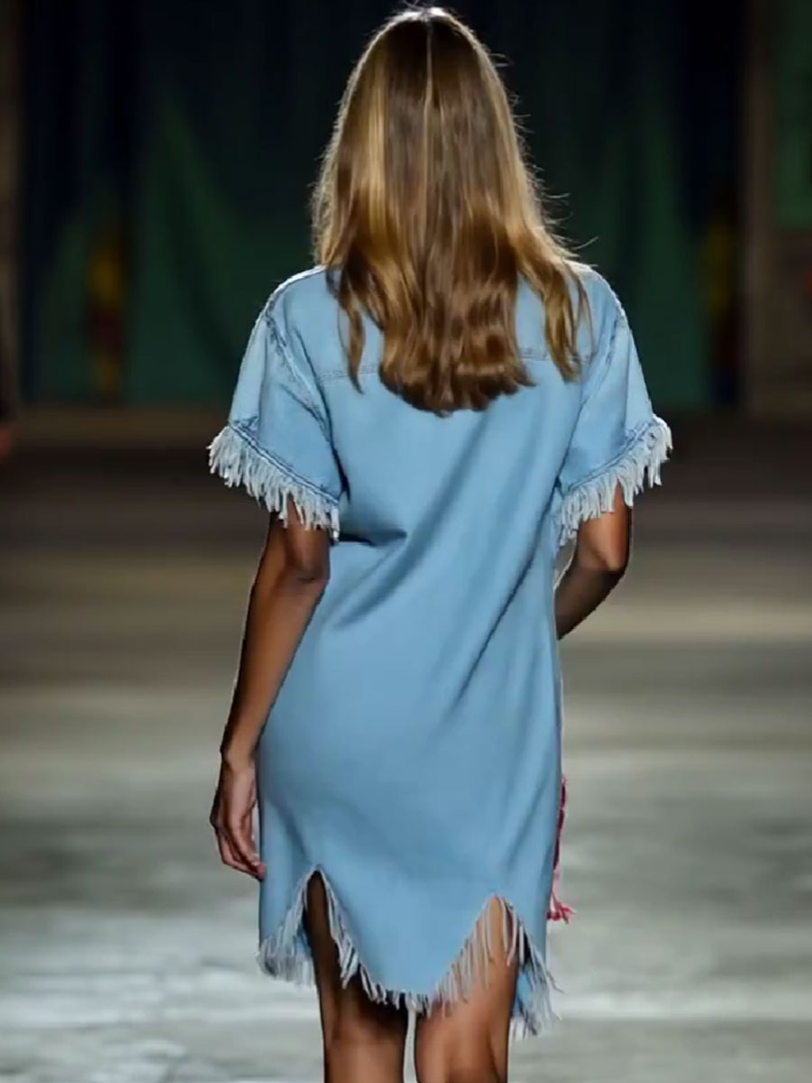 Lässiges lockeres vintage Denim Kurzarmhemd mit Fransen Mini Kleid