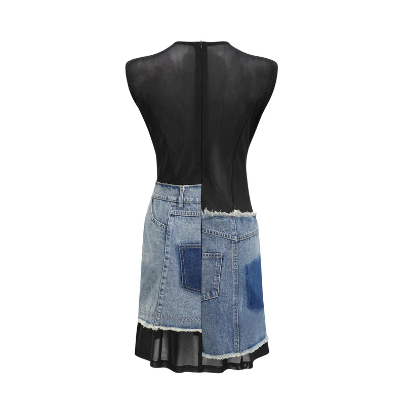 Lana- Denim Patchwork ärmelloses Kleid