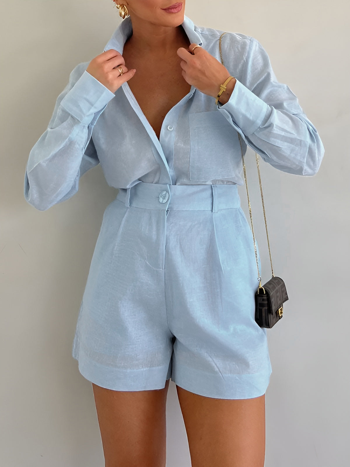 Längerärmeliges lockeres Shorts-Set