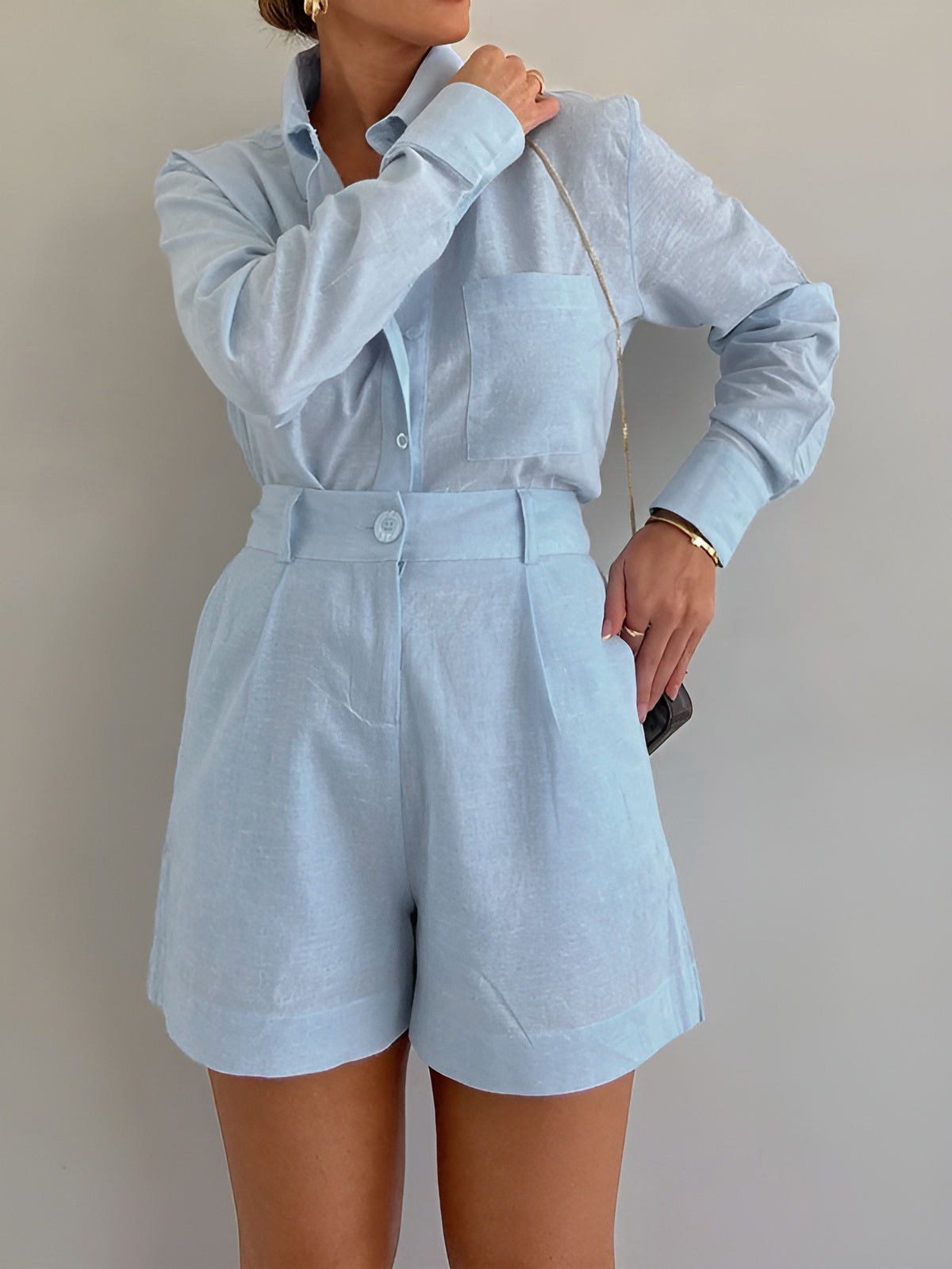 Längerärmeliges lockeres Shorts-Set
