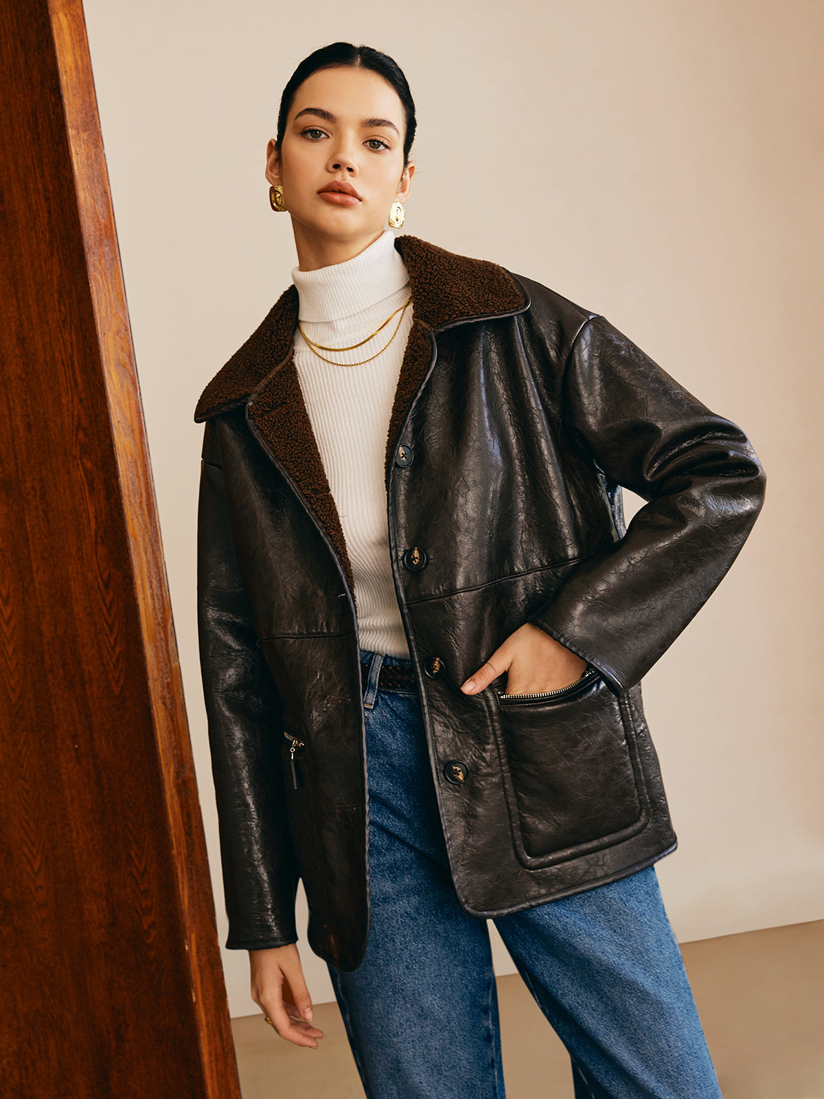 Wendbare Luxus Kunstleder- und Fleecejacke