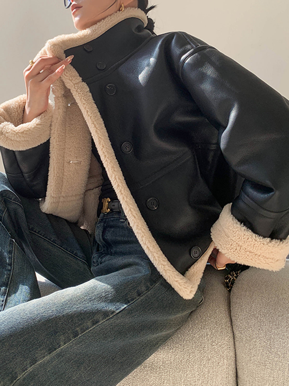 Fleecegefütterte Kunstlederjacke