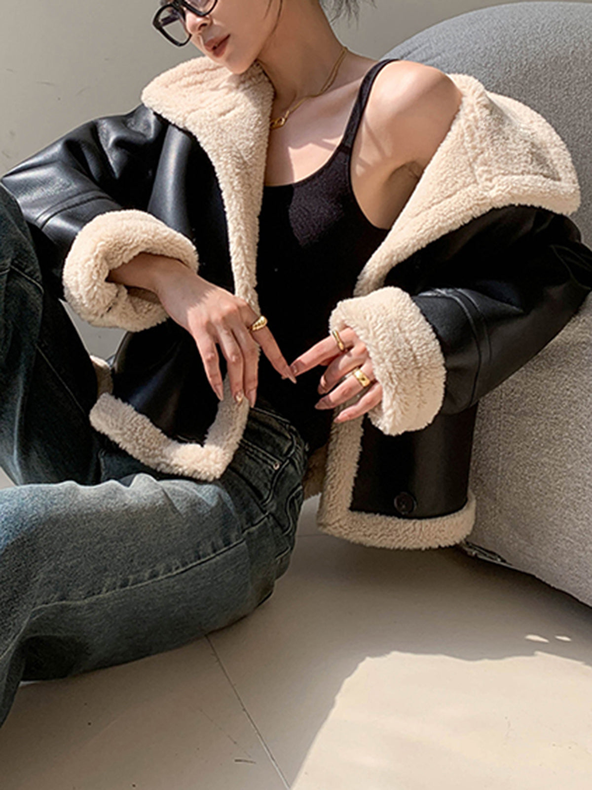 Fleecegefütterte Kunstlederjacke