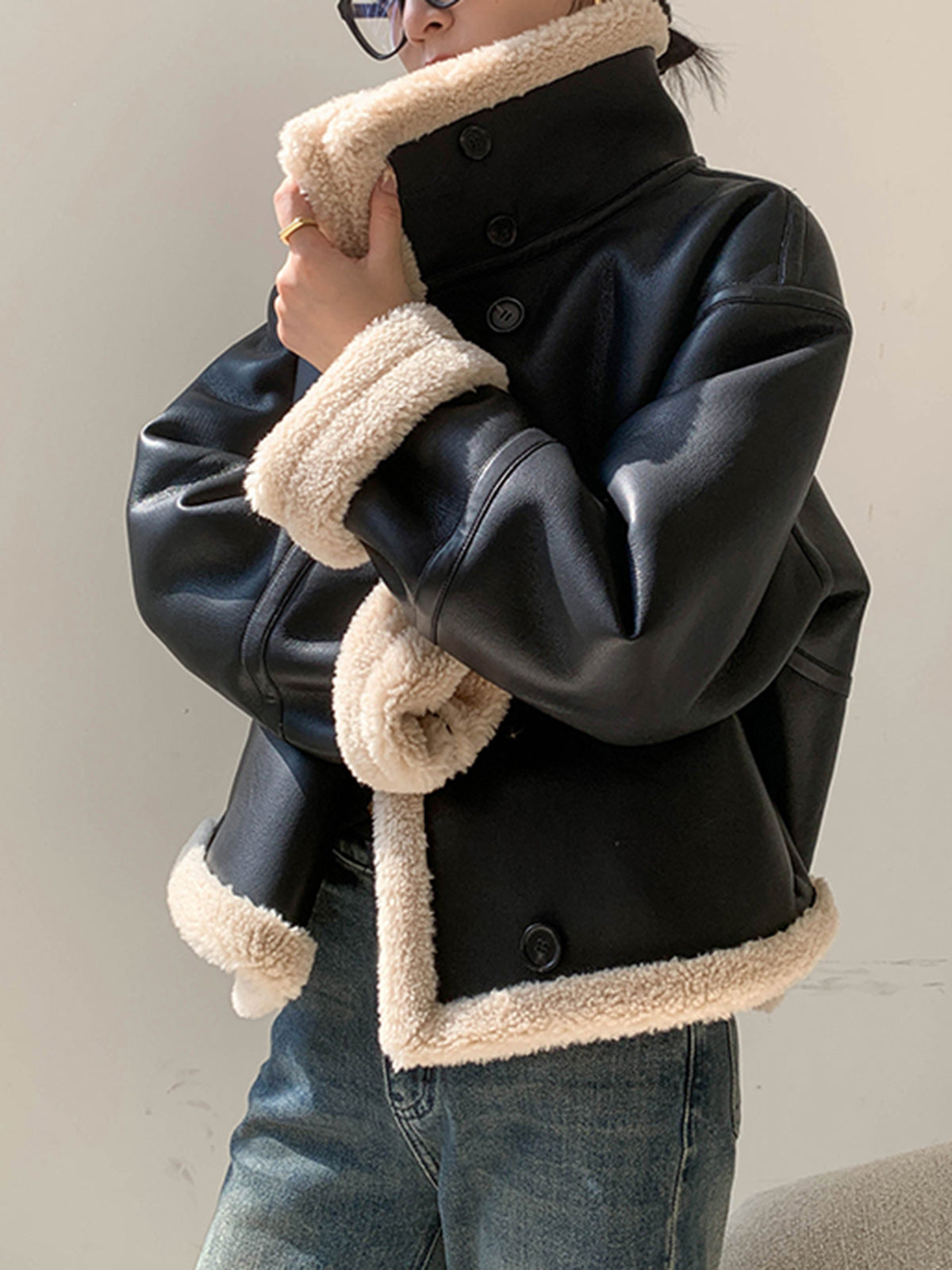 Fleecegefütterte Kunstlederjacke