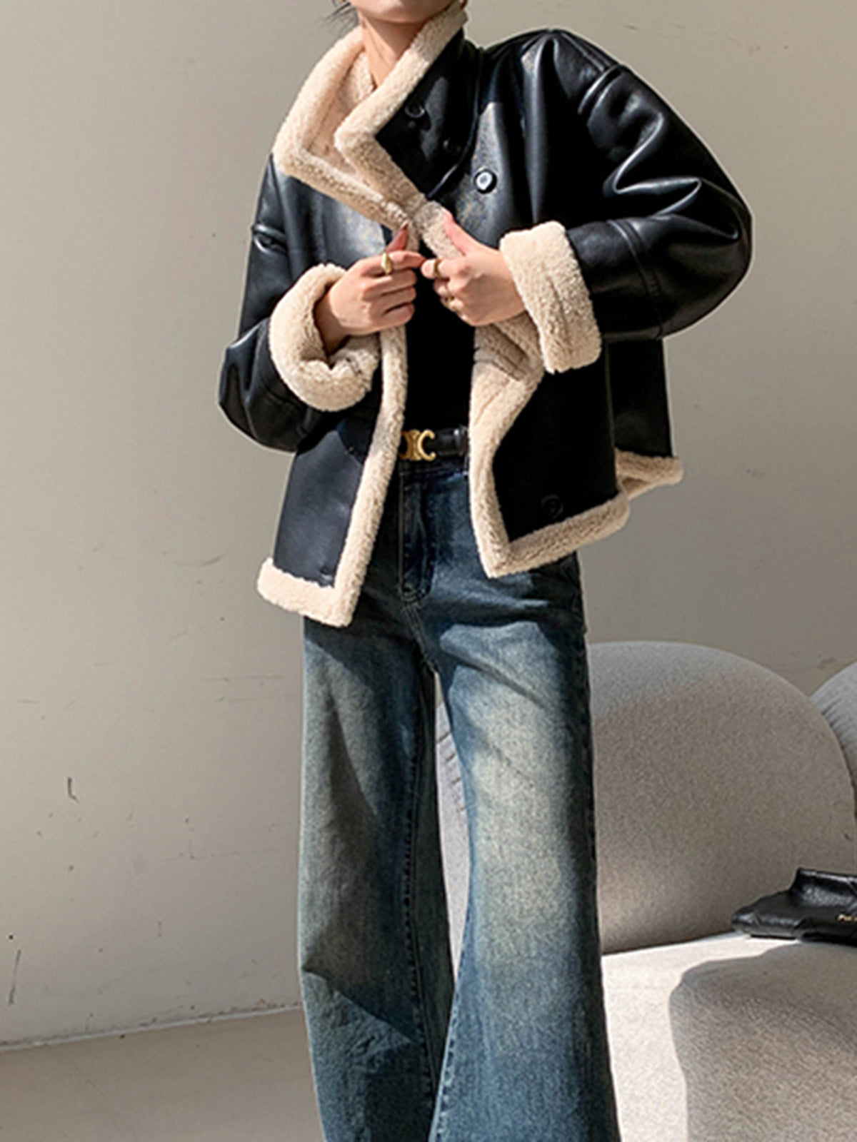 Fleecegefütterte Kunstlederjacke