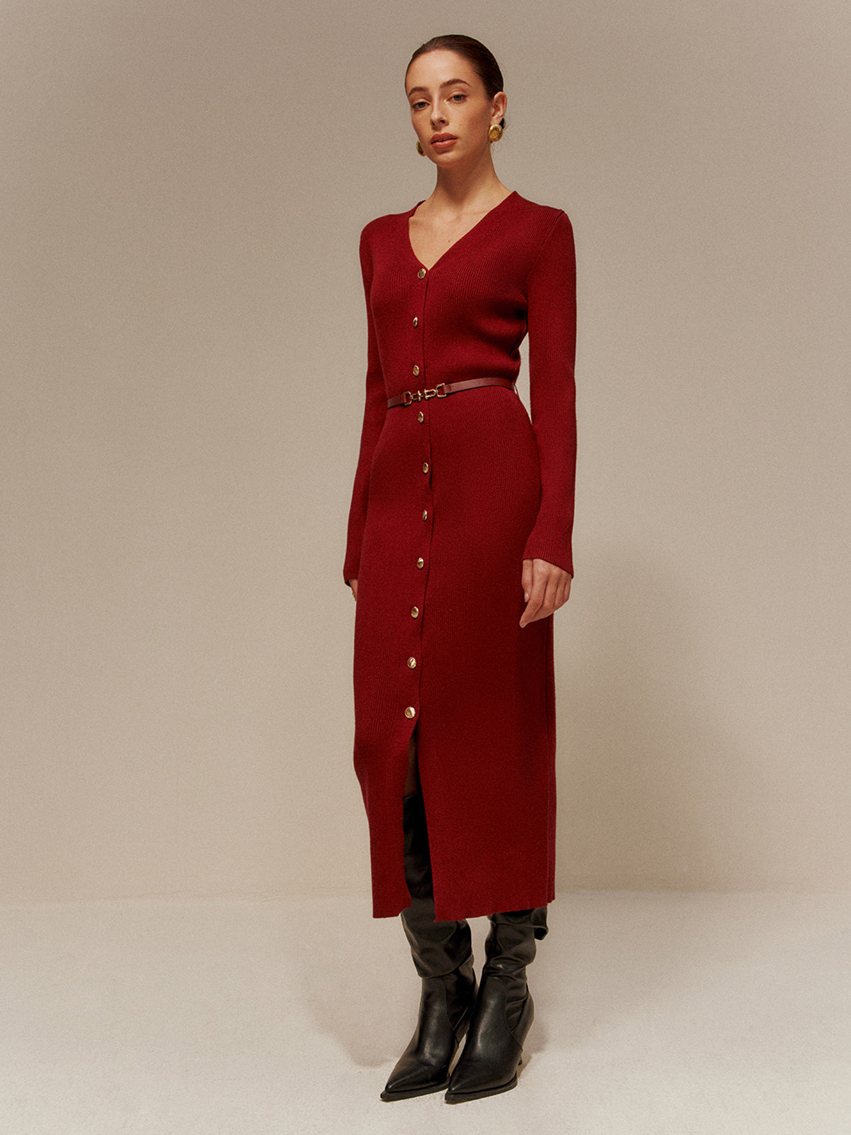 Tyra langes Strickkleid mit V-Ausschnitt