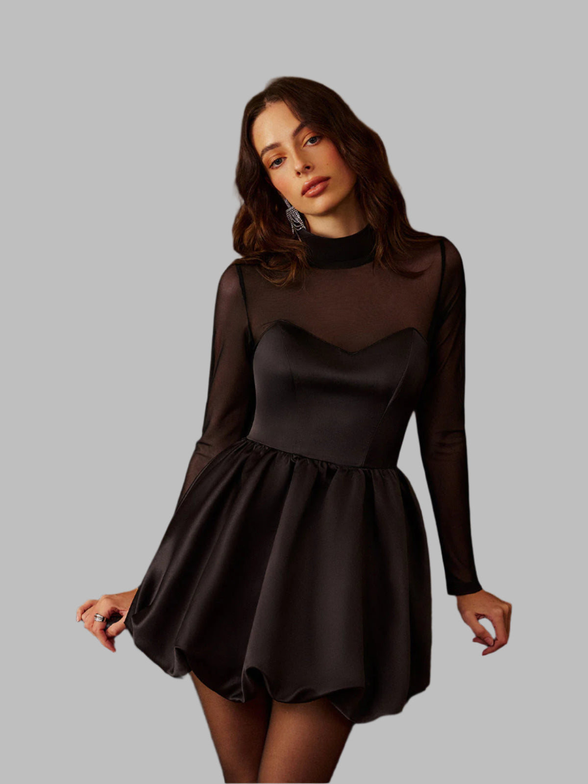 Lya- Stehkragen Faltenrock Netzpaneel Kleid