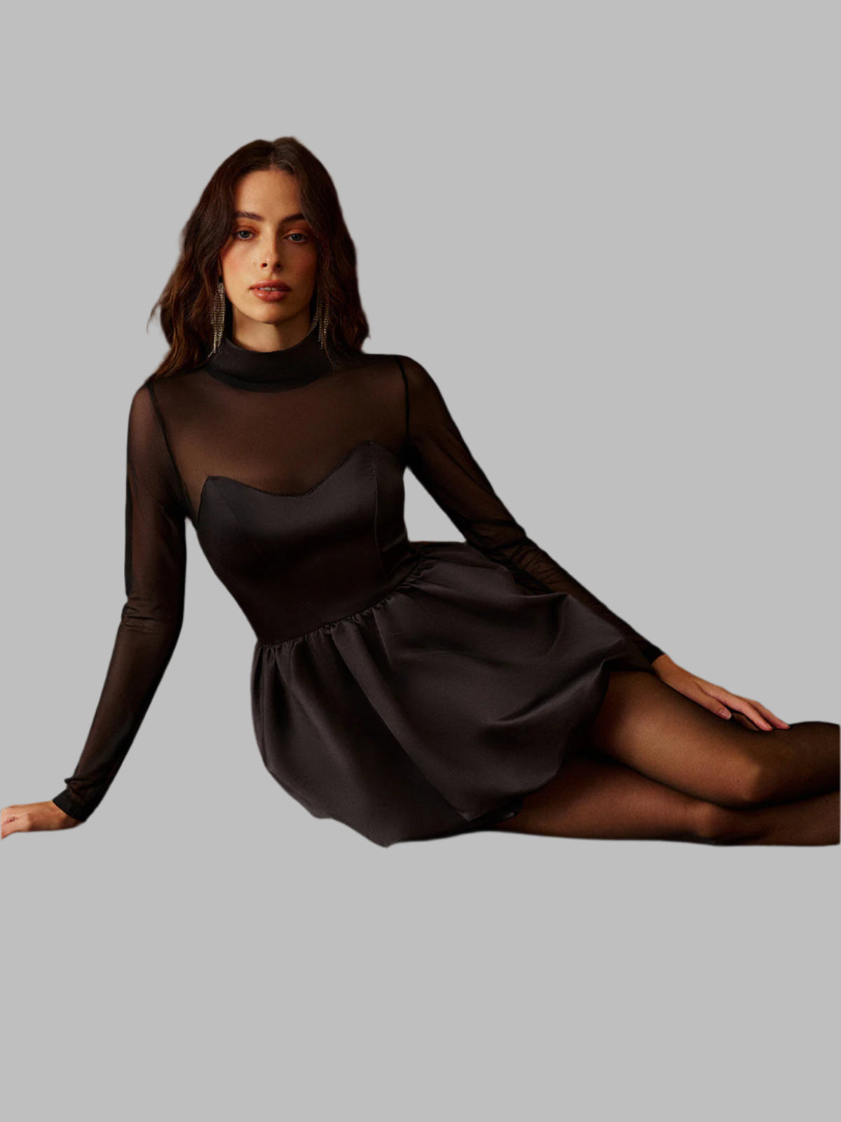 Lya- Stehkragen Faltenrock Netzpaneel Kleid