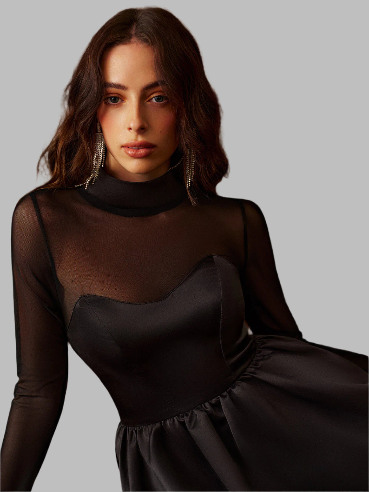 Lya- Stehkragen Faltenrock Netzpaneel Kleid