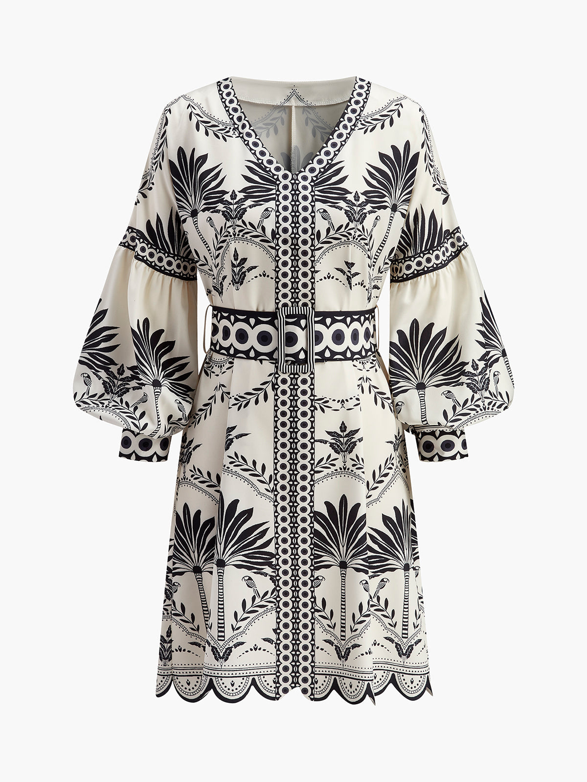 Boho-Print V-Ausschnitt Gürtelkleid