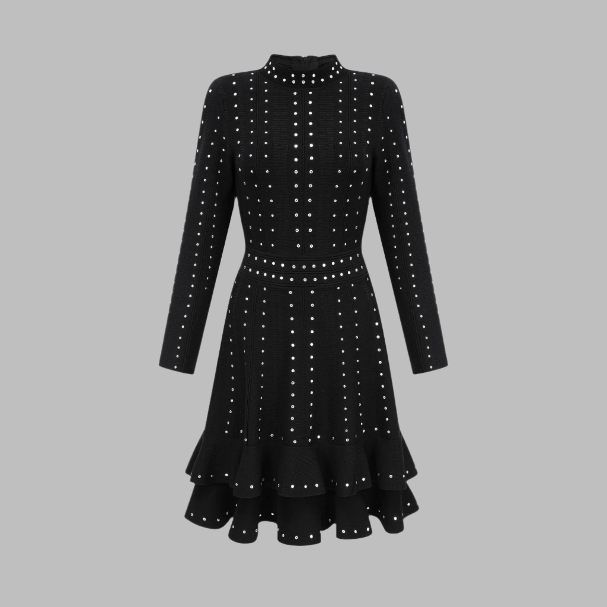 Fabienne -schwarzes, mit Kristallen verziertes, gerafftes Strick-Minikleid