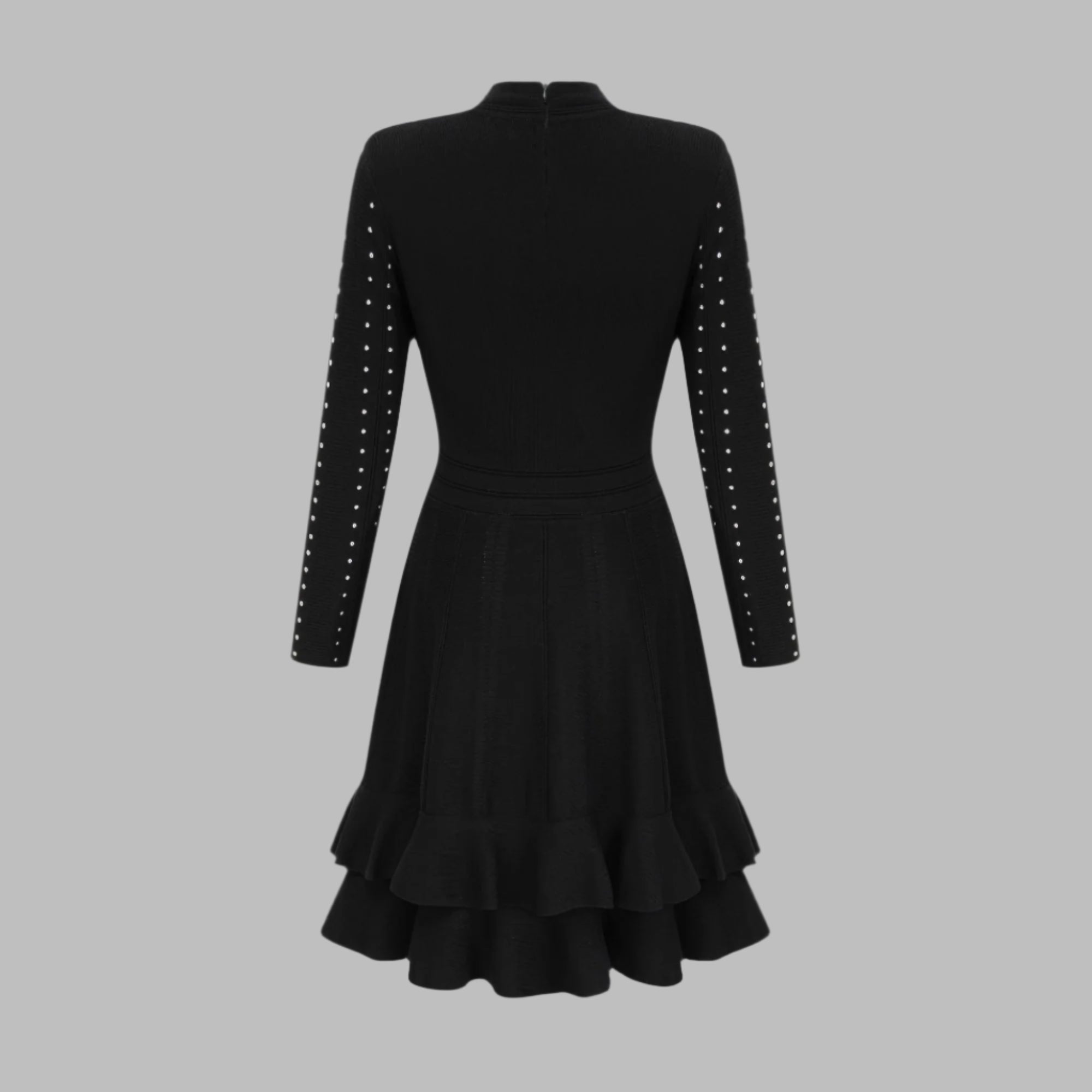 Fabienne -schwarzes, mit Kristallen verziertes, gerafftes Strick-Minikleid