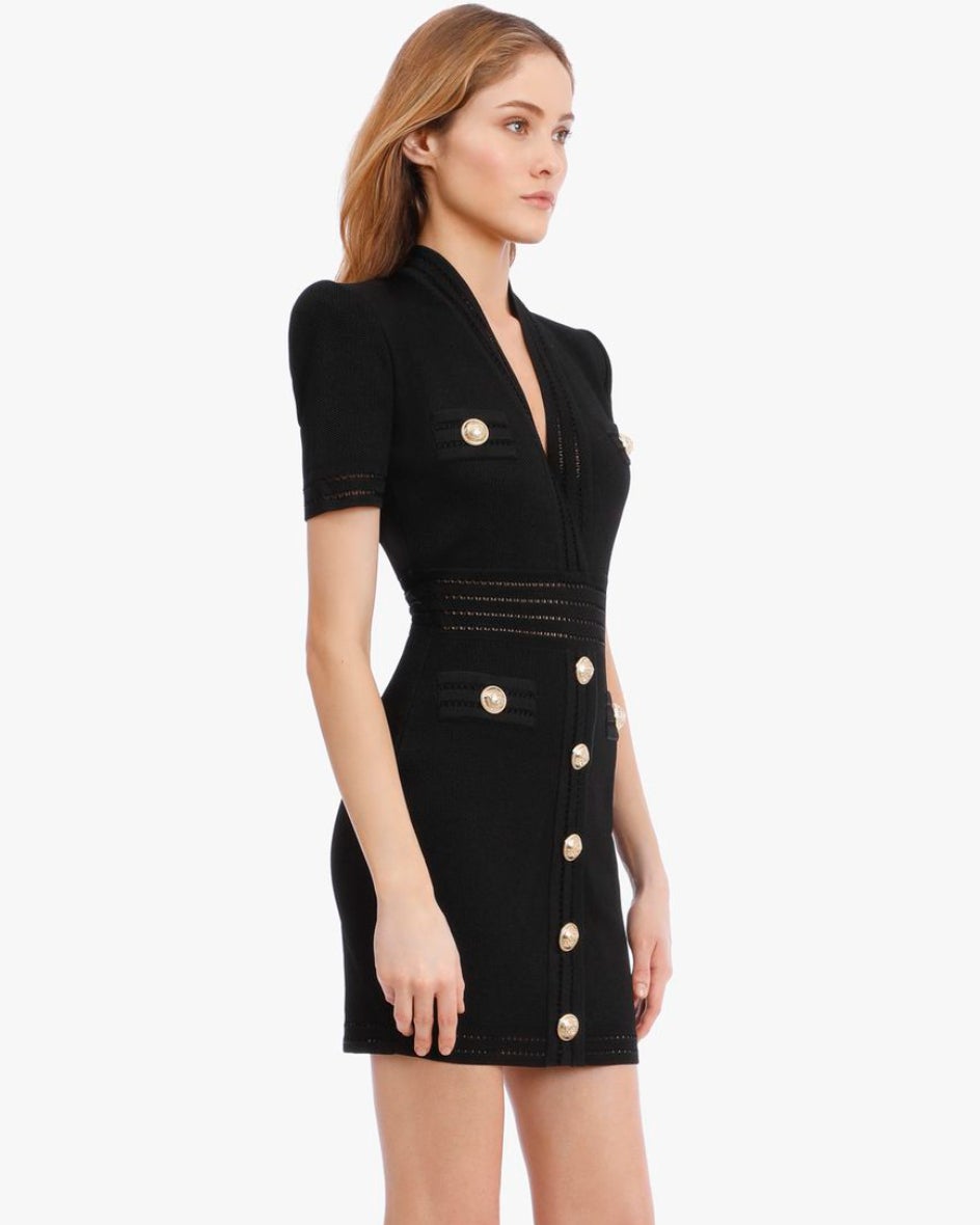 Schwarzes Kurzarmkleid mit goldenen Knöpfen aus Bandage