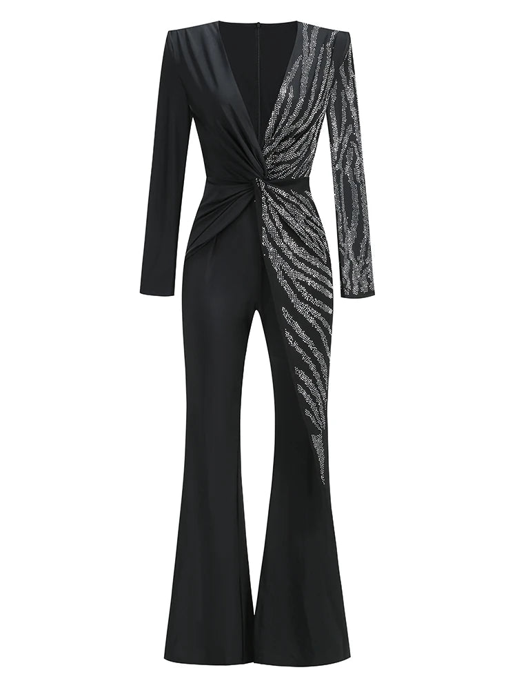 Clara- V-Ausschnitt funkelndes Diamanten-Design Jumpsuit