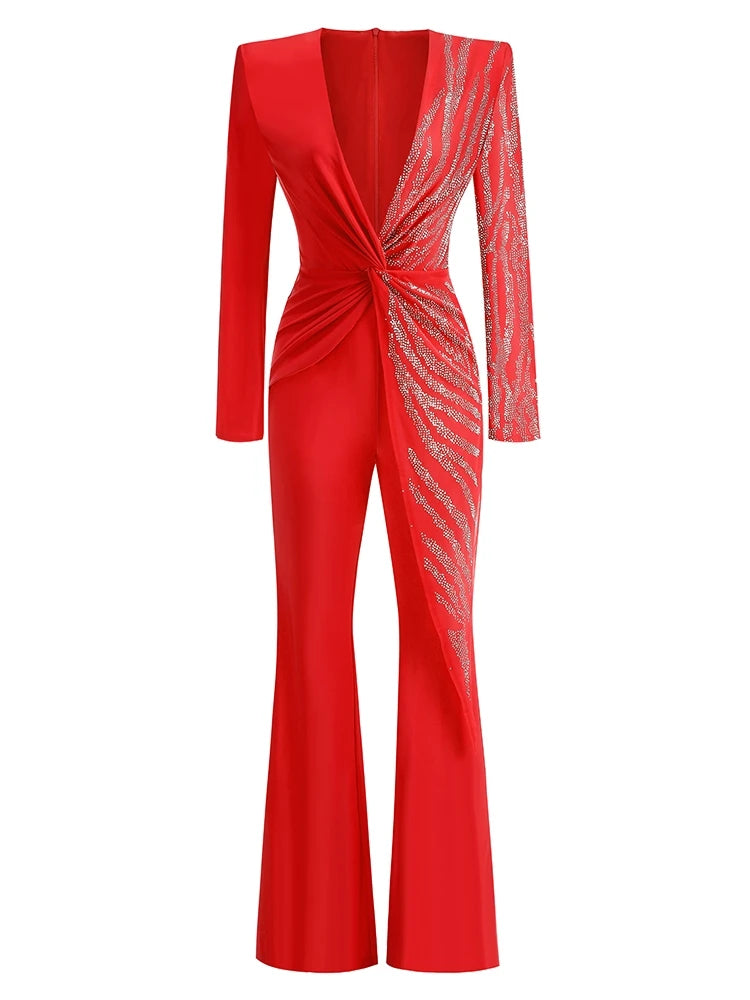 Clara- V-Ausschnitt funkelndes Diamanten-Design Jumpsuit