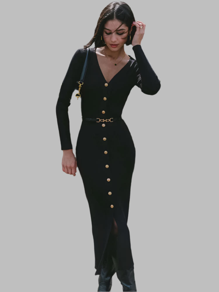 Tyra langes Strickkleid mit V-Ausschnitt