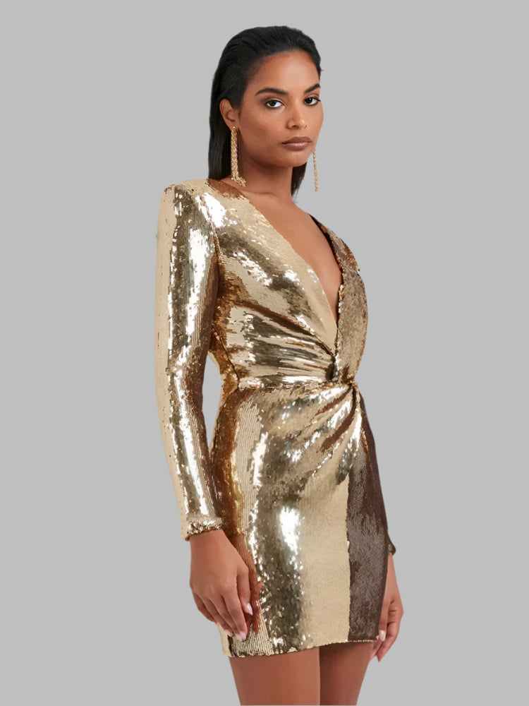Carysse - Pailletten Langarm Falten Mini Kleid