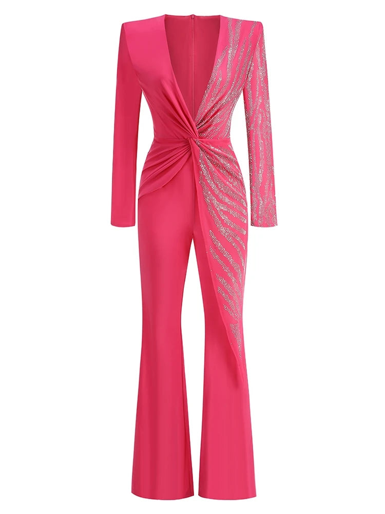 Clara- V-Ausschnitt funkelndes Diamanten-Design Jumpsuit