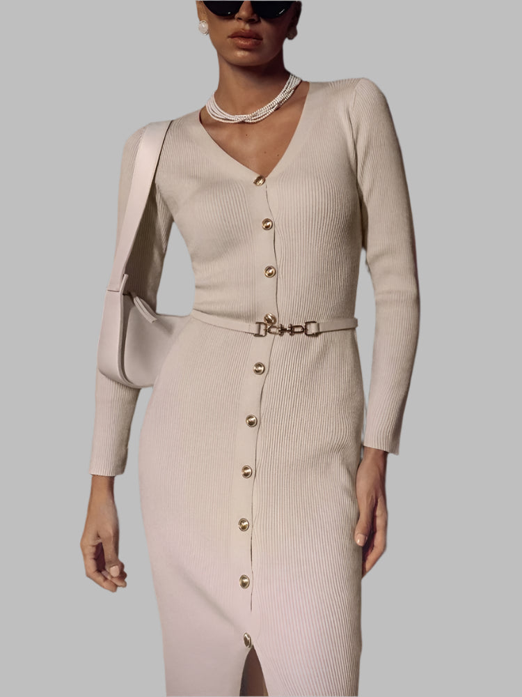 Tyra langes Strickkleid mit V-Ausschnitt