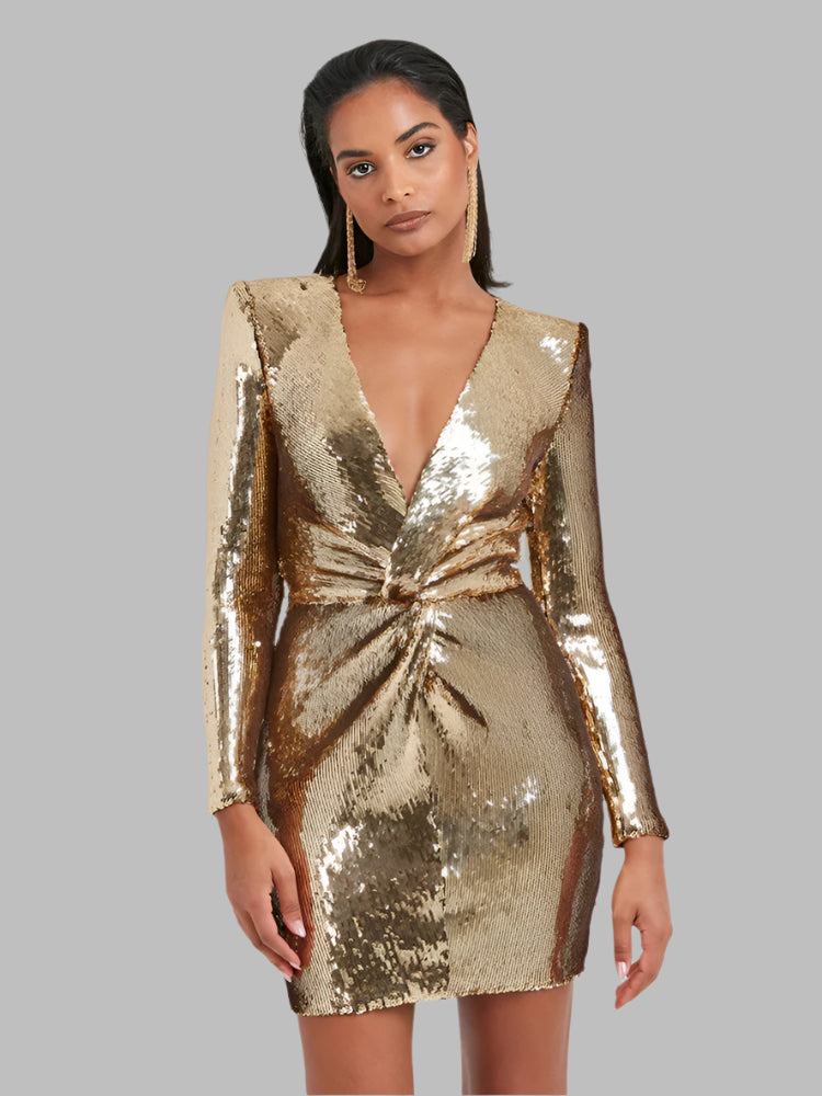 Carysse - Pailletten Langarm Falten Mini Kleid