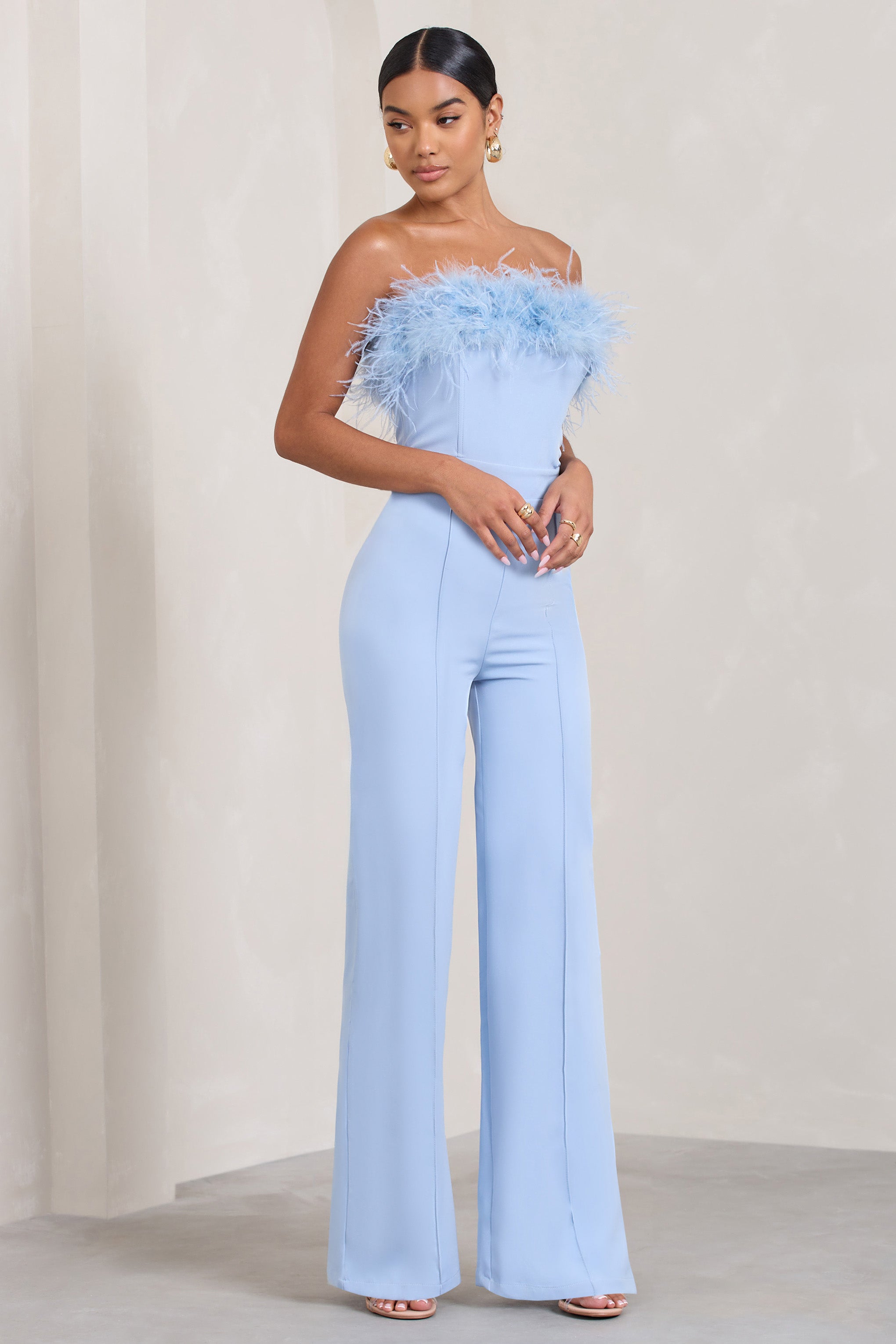Erstklassig | Blaues Bandeau-Feather-Hosenanzug mit weitem Bein