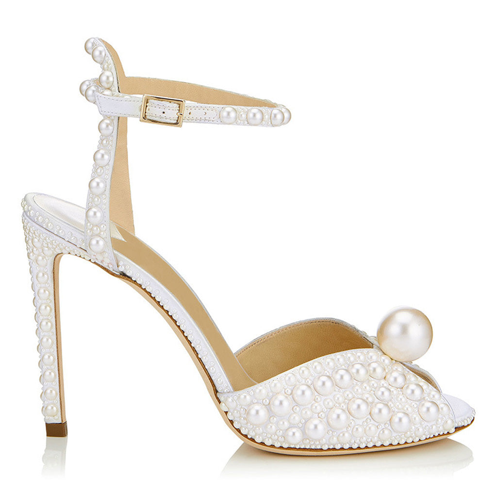 Elegante Perlenverzierte Peeptoe-Stiletto-Sandalen - Weiß