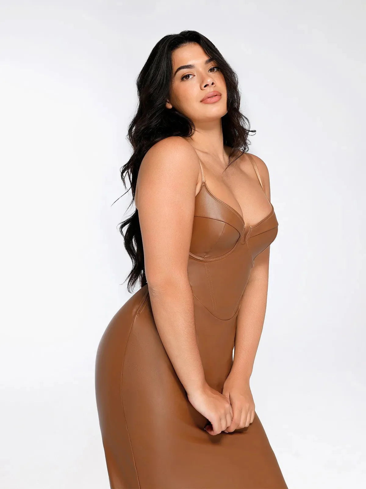 Shapewear Faux-Leder Sanduhr-Corsagen-Midi-Kleid