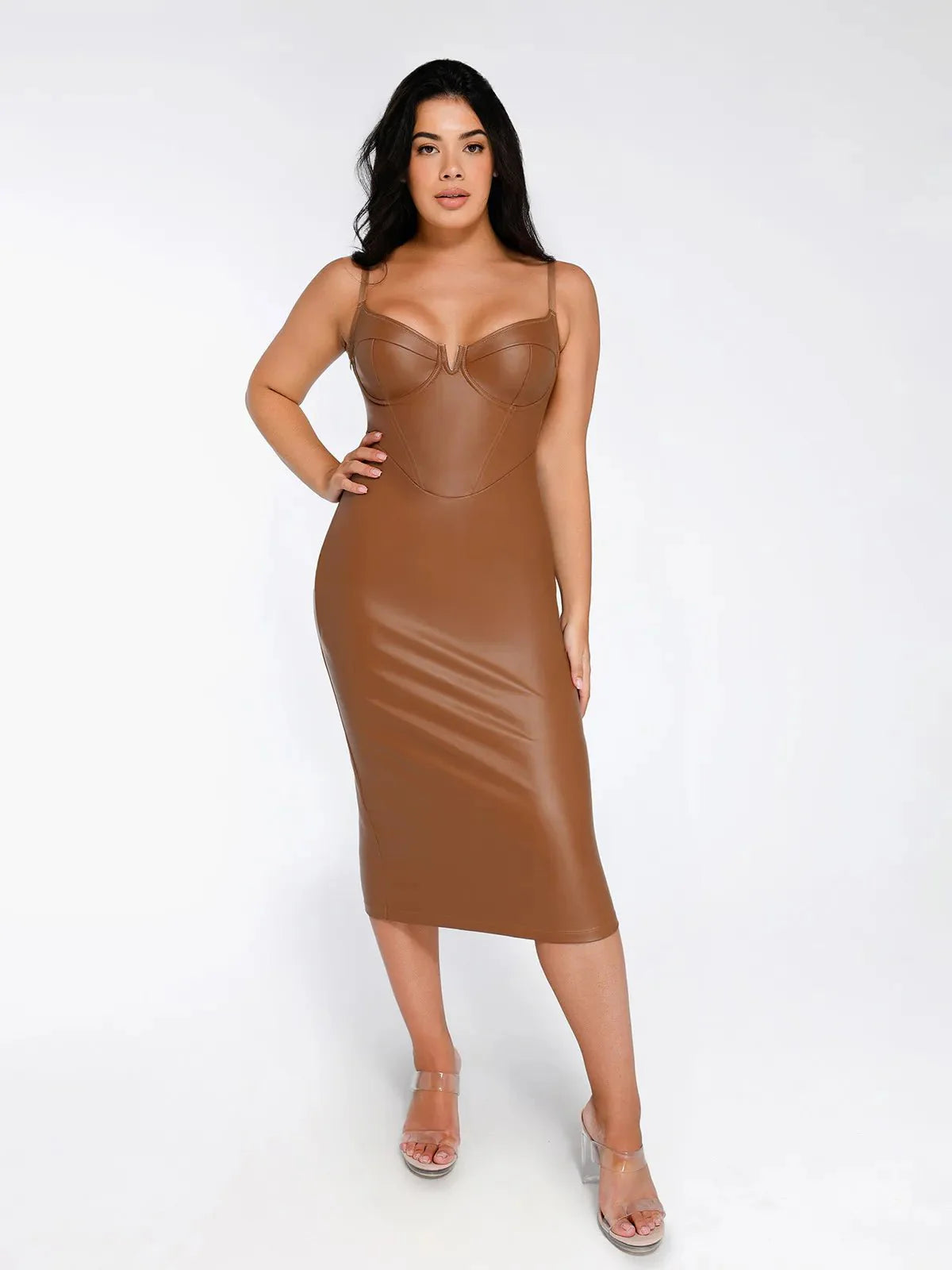 Shapewear Faux-Leder Sanduhr-Corsagen-Midi-Kleid