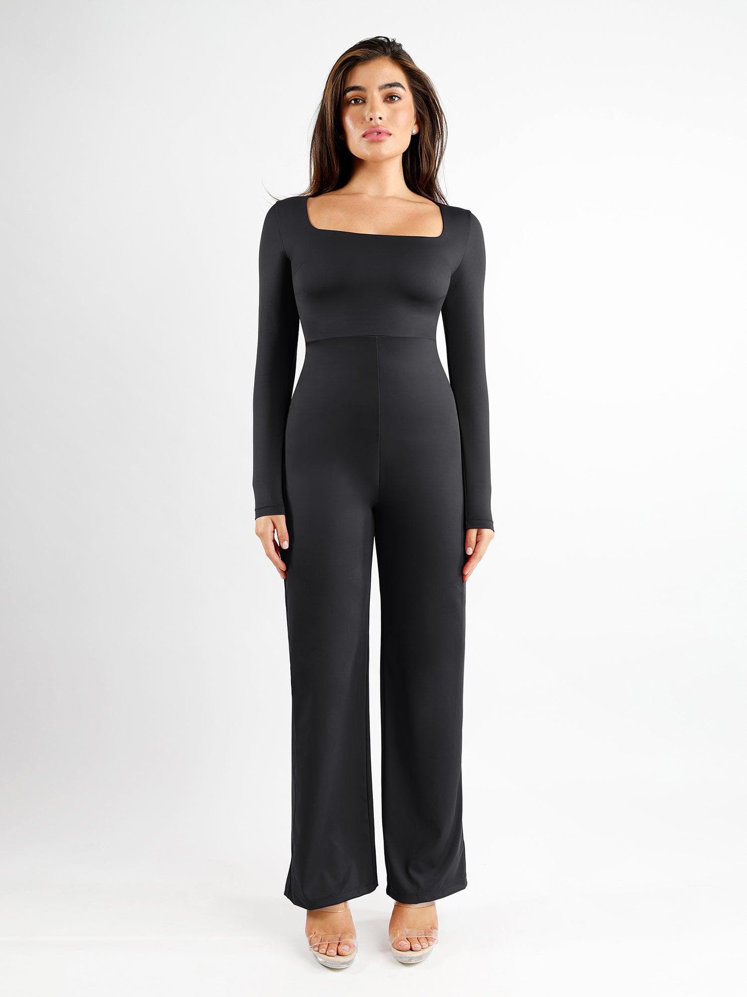 Shapewear Langarm Quadrat-Ausschnitt Slimming Weitbeiniger Jumpsuit