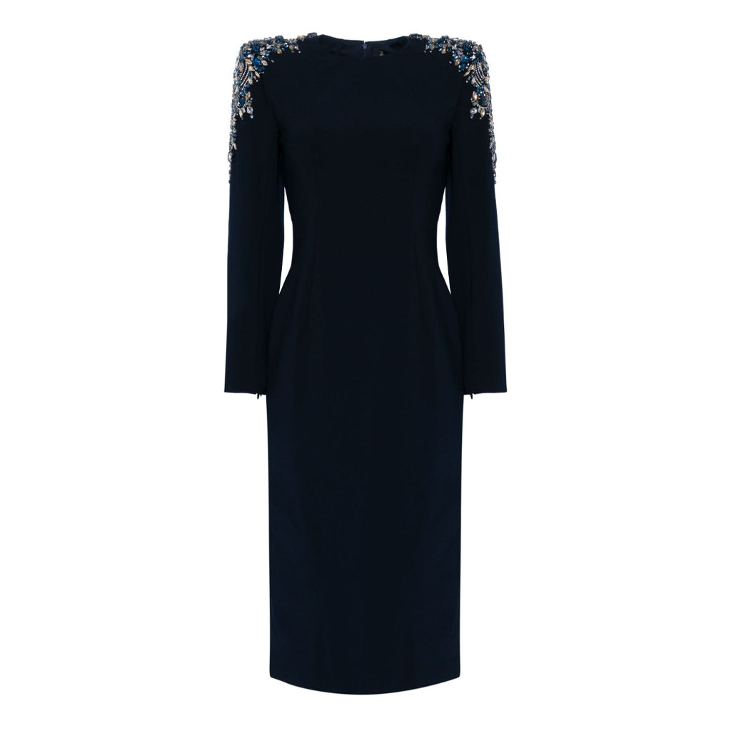 Glitzerndes, mit Kristallen verziertes,  Schulter-Midikleid