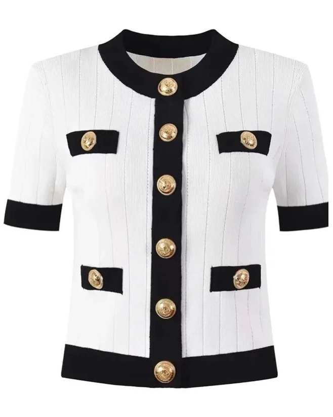 Schwarz-weiße Kurzarm-Rippstrick-Jacke mit goldenen Knöpfen
